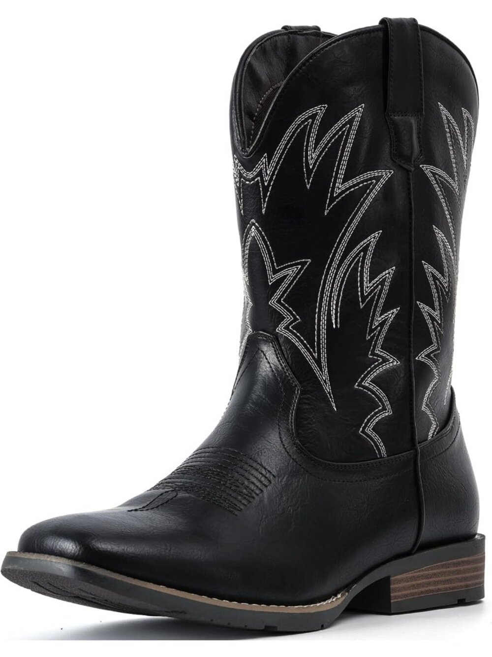 🆕Men's Dark Black Cowboy Boots Western Ostrich Wide Embroidered Pull On